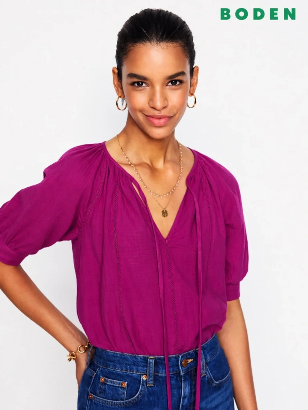 Boden Magenta V-Neck Peasant Blouse (215)